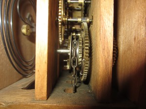 Inside of the clock's works.